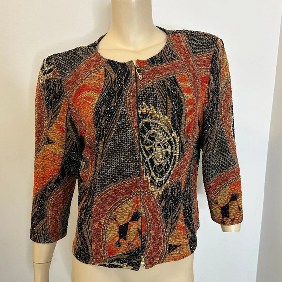 Joseph Ribkoff Abstract Sparkle Jacket Top Sz M Zip Stretch Colorblock - Picture 3 of 7